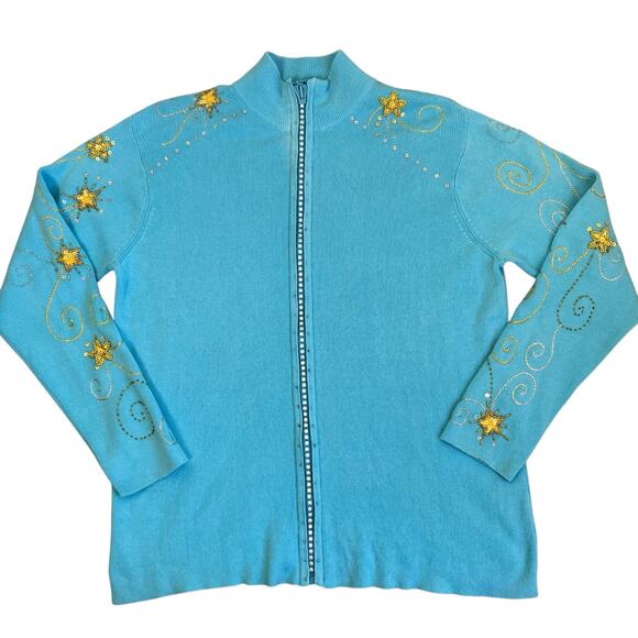 Quacker Factory Vtg 90s Holiday Cardigan With Star Appliquè Turquoise & Gold - Picture 7 of 16